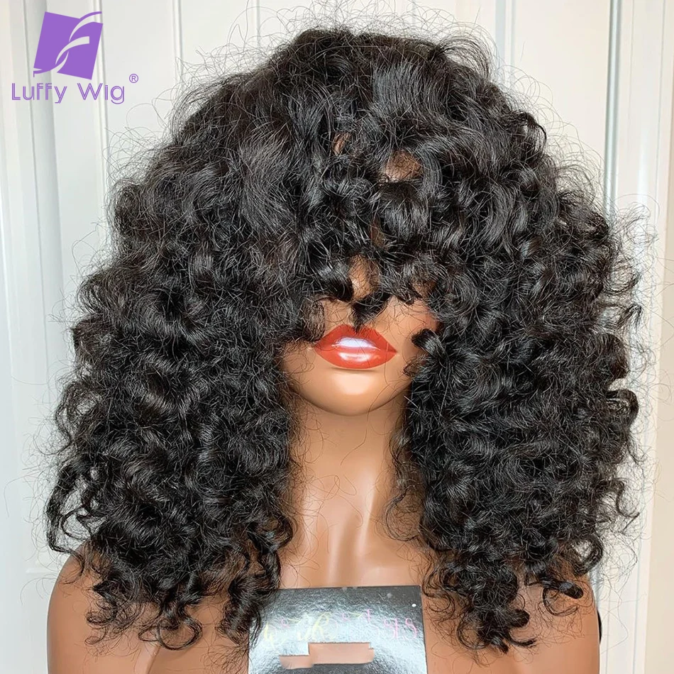 

Short Bouncy Curly Bob Wig Brazilian Remy Human Hair Wigs With Bangs 200 Density Scalp Top Wig Glueless For Black Women Luffy