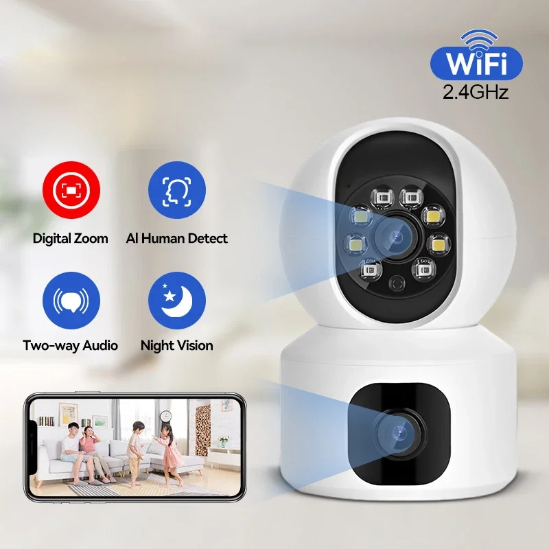 

Wi-Fi-камера 1080P HD, удаленное видео, настольная IP-камера с двумя объективами, домашняя Противоугонная камера ночного видения с ИИ-датчиком присутствия, двухсторонняя аудио веб-камера