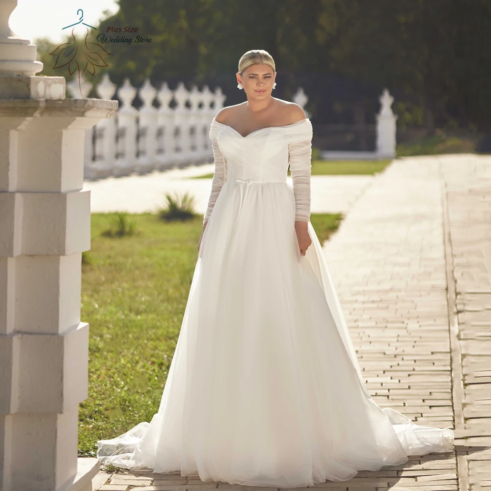 

Elegant Off Shoulder Wedding Dresses Plus Size V Neck Long Sleeves Bride Gowns Pleat Length A-Line Tulle Vestido De Noiva 2024