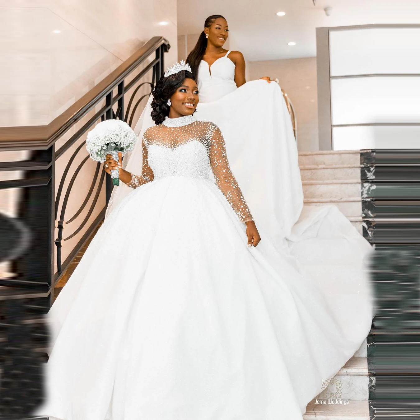 

Luxury Handwork Beads Sequins Ballgown Wedding Dresses Robe De Mariée High Collar African Long Sleeves Puffy Bridal Gowns