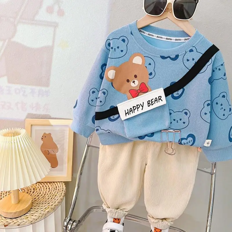 

2024 Spring Autumn Kids Boy 2Pcs Clothes Set Bear Patched Sweatshirt Solid Fleece Pant Baby Boy Outfits Children Boys Tracksuits