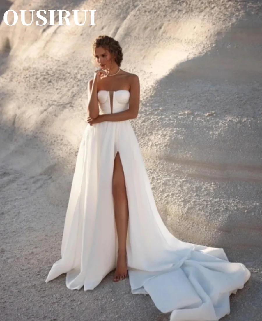 

OUSIRUI Wedding Dresses for bride Strapless Satin Wedding Dress Boho A Line Pleats Thigh Slit designer bridal gowns