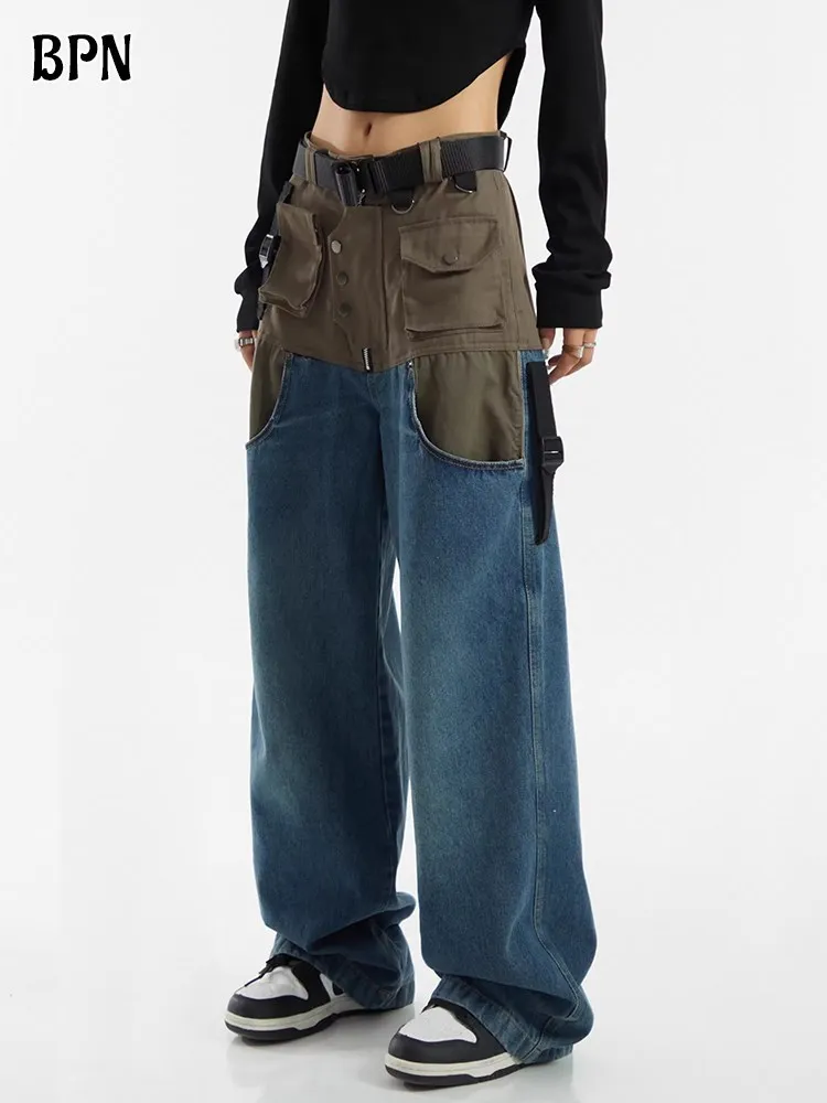 BPN Hit Color Spliced Pocket Jeans For Women High Waist Patchwork Belt Straight Casual Loose Cargo Denim Trousers Female Fashion
BPN Hit Color Spliced Pocket Jeans For Women High Waist Patchwork Belt Straight Casual Loose Cargo Denim Trousers Female Fashion