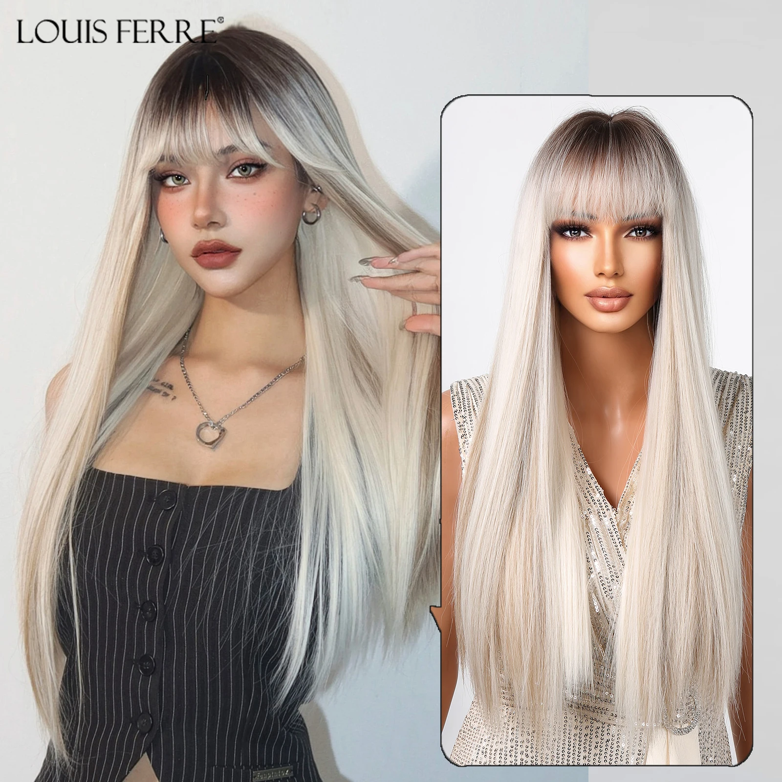 

Длинные прямые Платиновые натуральные волосы LOUIS FERRE, синтетические парики с челкой для женщин, искусственные волосы для ежедневного использования, термостойкий парик