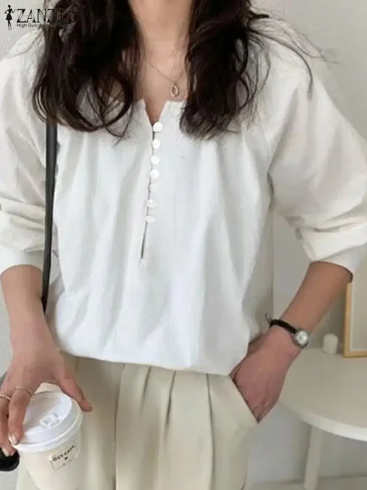 

Блузка ZANZEA Женская с длинным рукавом-фонариком, повседневный Свободный Топ в винтажном стиле, модная однотонная плиссированная рубашка с V-образным вырезом, лето 2024