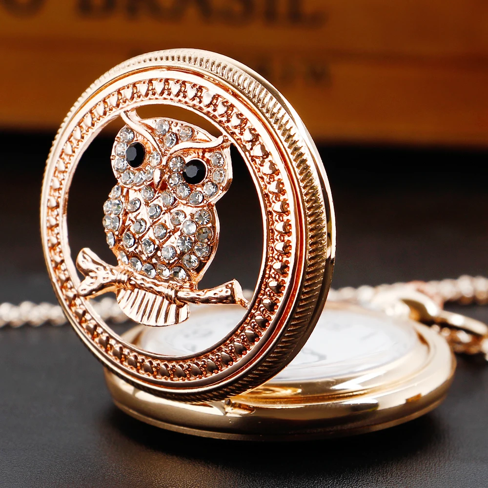 

Pocket Watch with Lovely Owl Full Hunter Alloy Quartz Clock with Necklace Fob Chain Antique Watches for Men Women XH1010