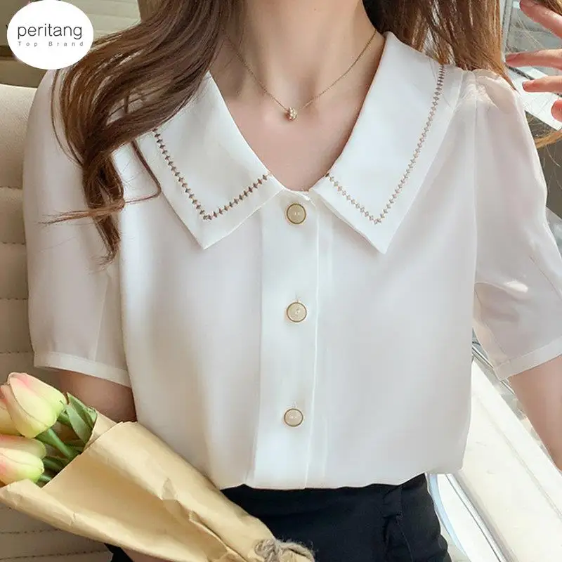 

Блузка женская с отложным воротником, топ, белая шифоновая рубашка с коротким рукавом, на лето, 2024