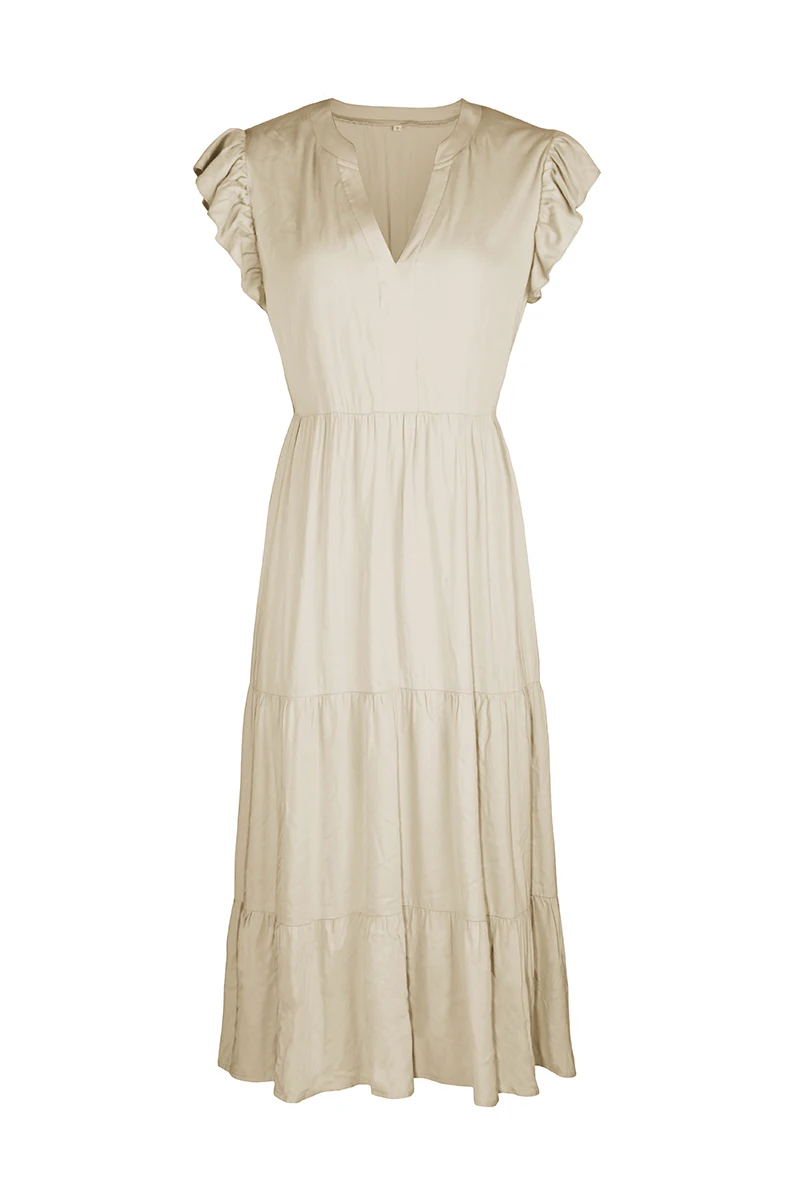 New Women's Spring Summer Leisure Vacation A Line Dress V Neck Sexy Flying Sleeve Solid Color Dresses New Women's Spring Summer Leisure Vacation A Line Dress V Neck Sexy Flying Sleeve Solid Color Dresses
