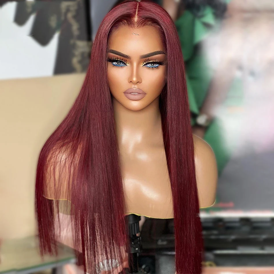 

180Density Burgundy Soft 26“Long Straight 99j Lace Front Wig For Black Women BabyHair Glueless Preplucked Heat Resistant Daily