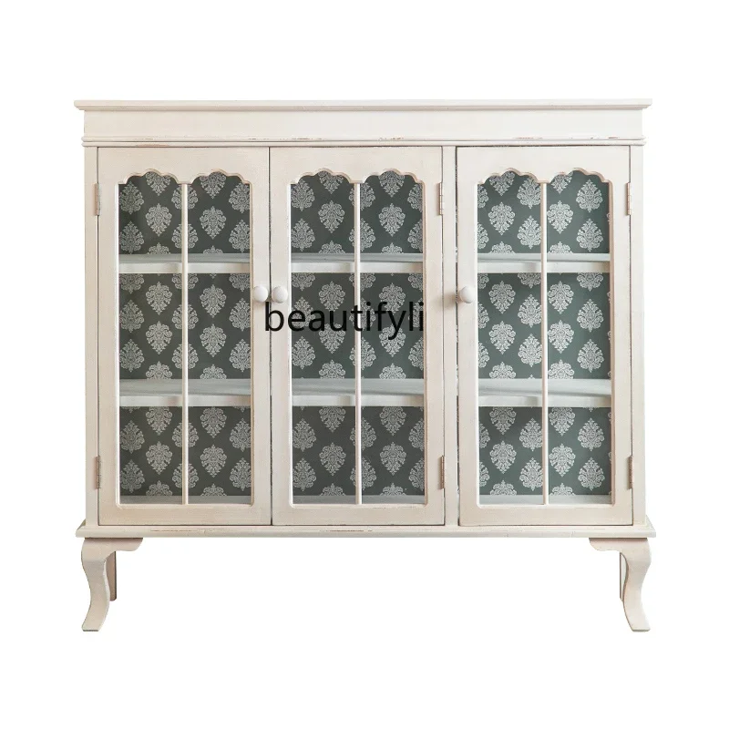 

French Pastoral Style Retro Distressed White Sideboard Cabinet Entrance Foyer Hallway Creative Glass Decorative Display Cabinet