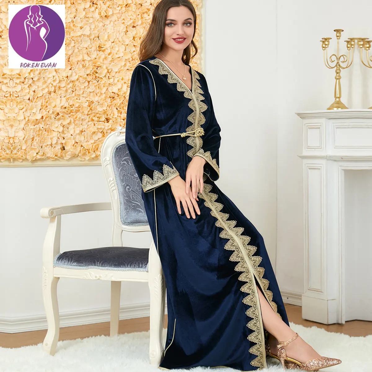

ROKEN EVAN 2022 Muslim Arabic Dress High-necked Wedding Dress Long Dress Romatic For Wife Abaya Canary Wool Dress