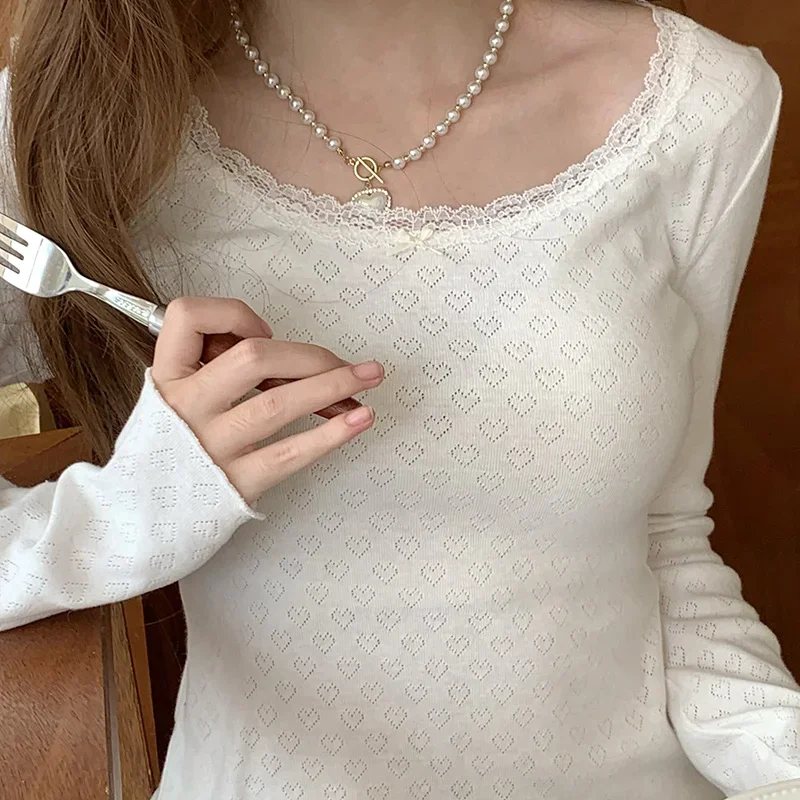Cotton Tops Tee for Sweet Girls Lace Trim O-Neck Heart Shape Hollow Out Long Sleeve Women TShirt Kawaii Clothes
Cotton Tops Tee for Sweet Girls Lace Trim O-Neck Heart Shape Hollow Out Long Sleeve Women TShirt Kawaii Clothes