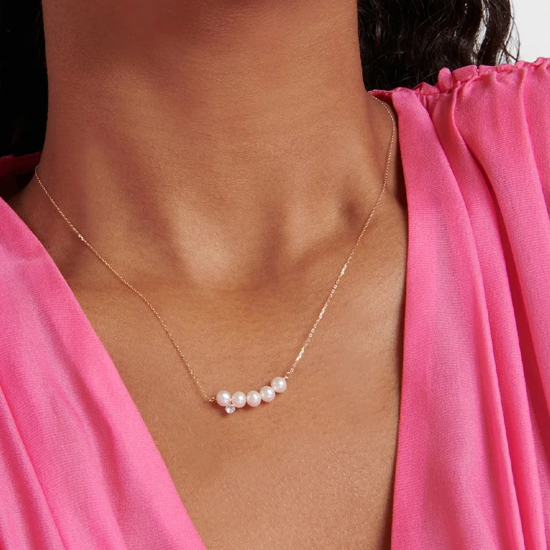 

Imitate Pearl Necklace for Female Niche Light Luxury Design Collarbone Chain Five Pearl Inlaid with Zircon Minimalist Necklace