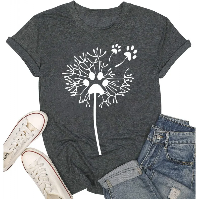 

Women's Dandelion T Shirts Cute Dog Paw Graphic Tees Funny Cat Paw Print Make a Wish Summer Casual Short Sleeve Tee Tops