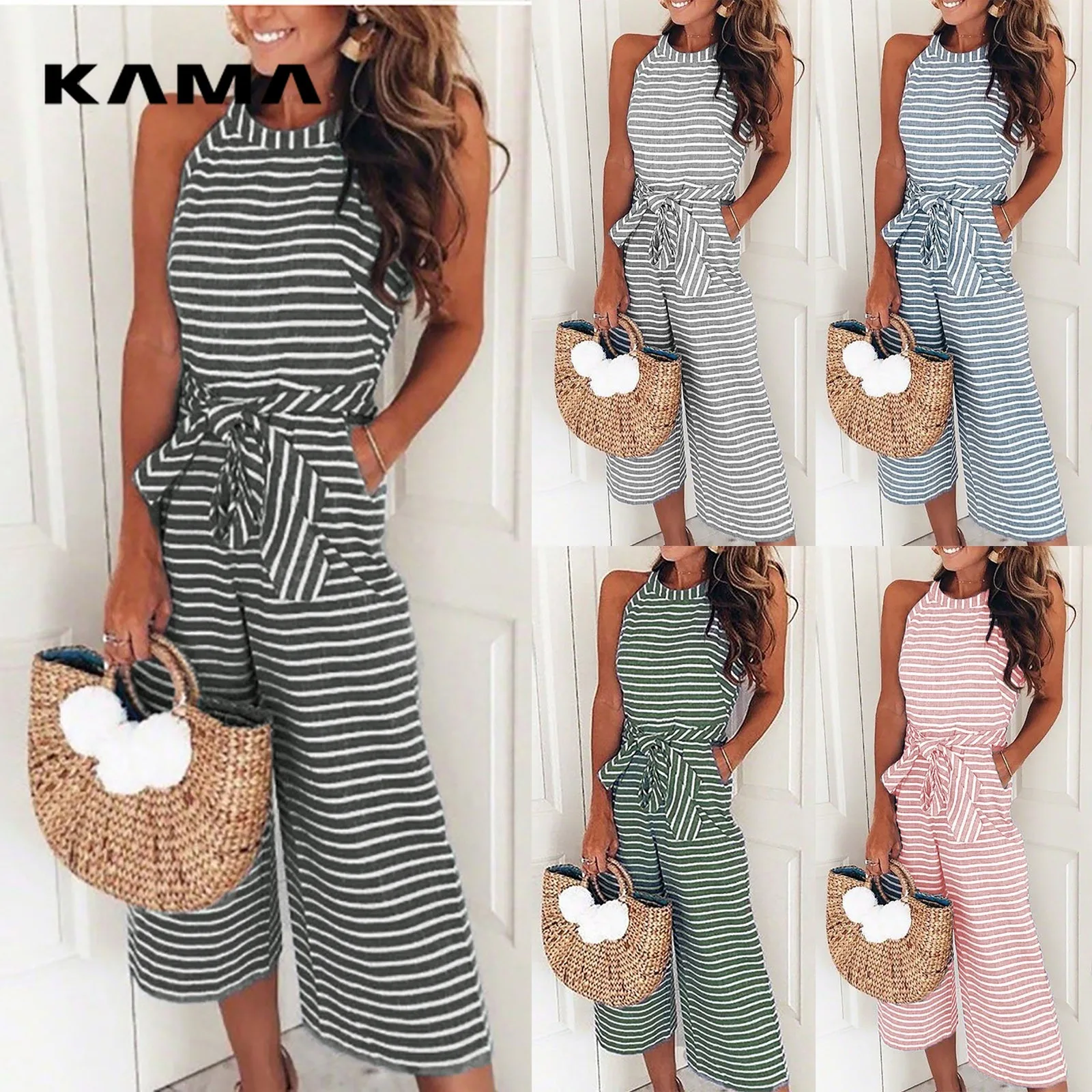 

Jumpsuit Lady Outfit Elegant Women Sleeveless Jumpsuits Sexy Halterneck Long Rompers Wide Leg Pants Fashion Stripped Bodysuit