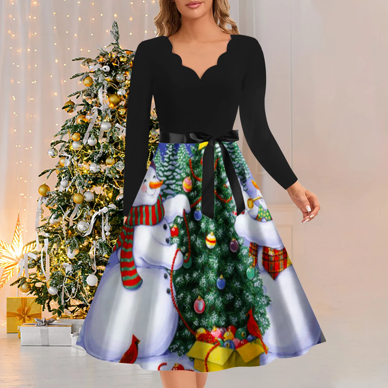 Женское платье с длинным рукавом, с рождественским принтом 
Женское платье с длинным рукавом, с рождественским принтом