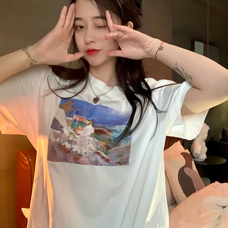 Women's T-shirts Tops Japanese Cute Ulzzang Vintage Oil Painting Print Loose Ins Tshirt Female Korean Harajuku Clothes For Women
Women's T-shirts Tops Japanese Cute Ulzzang Vintage Oil Painting Print Loose Ins Tshirt Female Korean Harajuku Clothes For Women