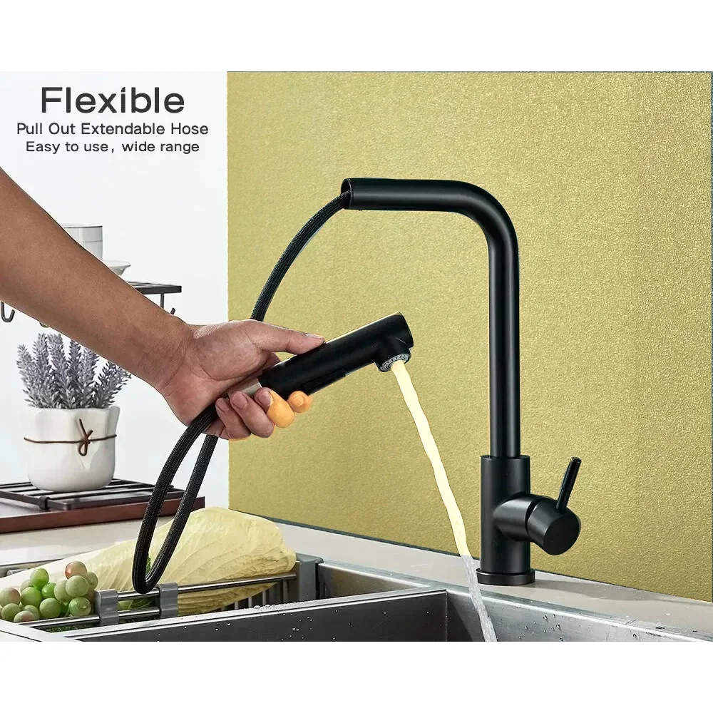 

2 Modes Stream & Sprayer Nozzle Faucets Stainless Steel Black Pull Out Kitchen Sink Faucet Flexible Hot Cold Wate Mixer Tap Deck