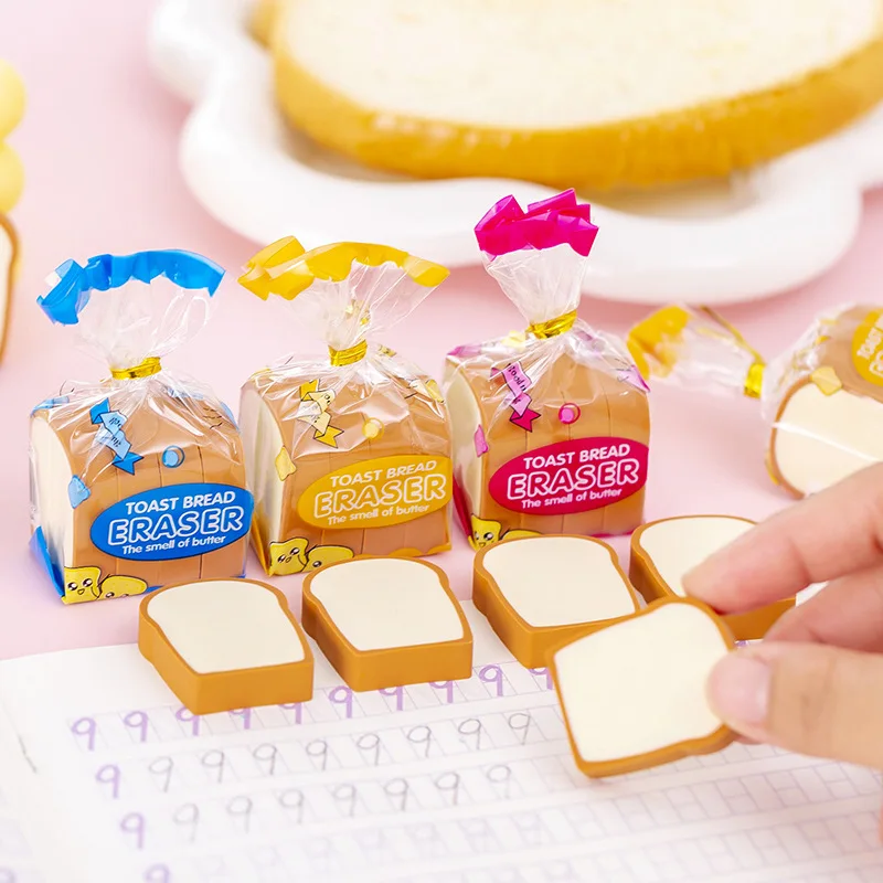 

4Pcs/Lot Cute Cartoon Pencil Erasers Simulation Toast Bread Eraser School Stationery Kids Writing Drawing Rubber School Supplies