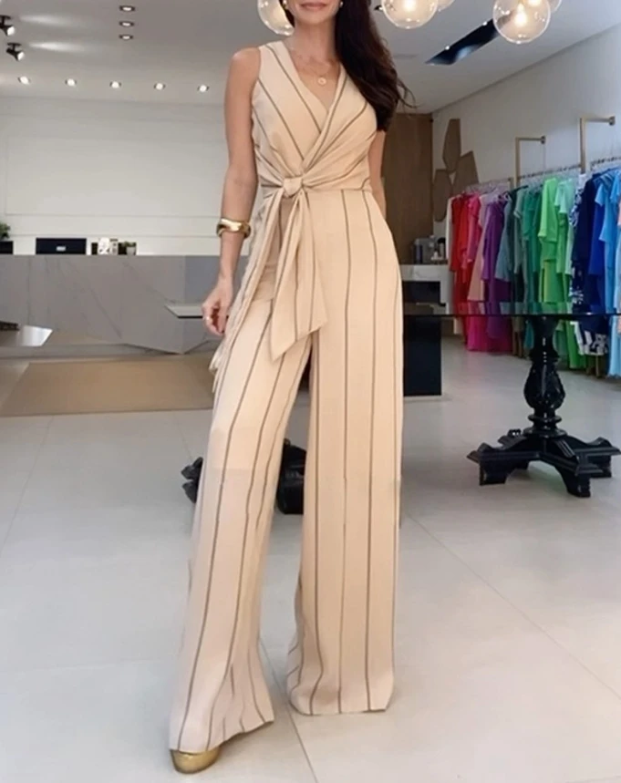 Fashion Summer 2024 New Striped Tied Detail Wide Leg Jumpsuit Women's Casual V-Neck Sleeveless Long Vacation Jumpsuit  
Fashion Summer 2024 New Striped Tied Detail Wide Leg Jumpsuit Women's Casual V-Neck Sleeveless Long Vacation Jumpsuit 