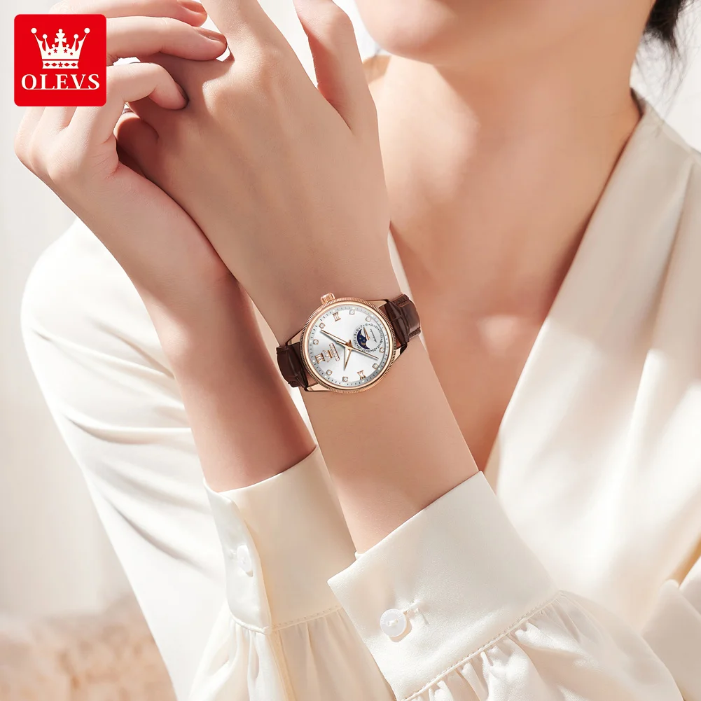 OLEVS-Montre mécanique automatique étanche pour femme, montre-bracelet Shoous Phase de lune, montres élégantes pour femme, mode originale 2