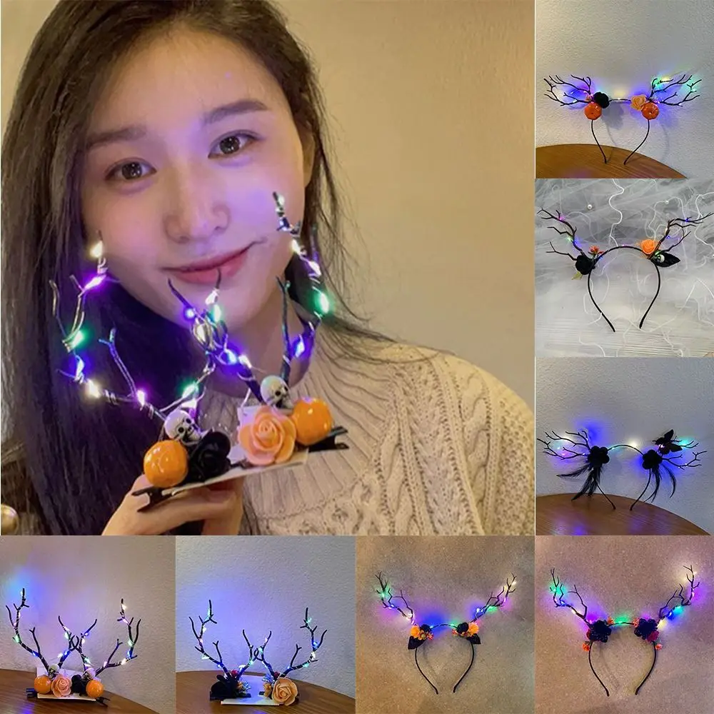 

LED Halloween Glowing Antler Hair Hoop Luxury Pumpkin Ghost Kids Head Wear Elk Ears Skull Fairy Deer Ear Headband Hair Ornament