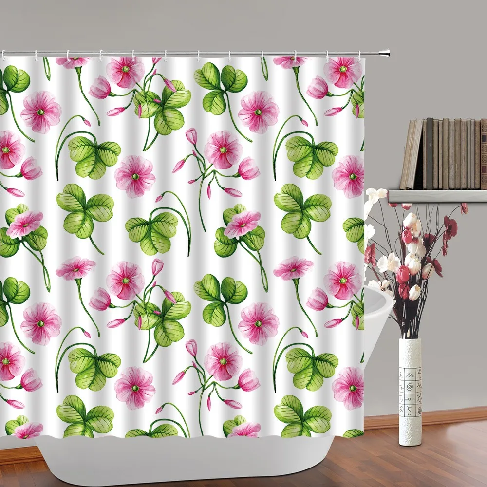 

Pink Flower Shower Curtain Watercolor Floral Green Leaves Bathroom Decor Curtains Polyester Fabric Bathtub Screen Set With Hooks