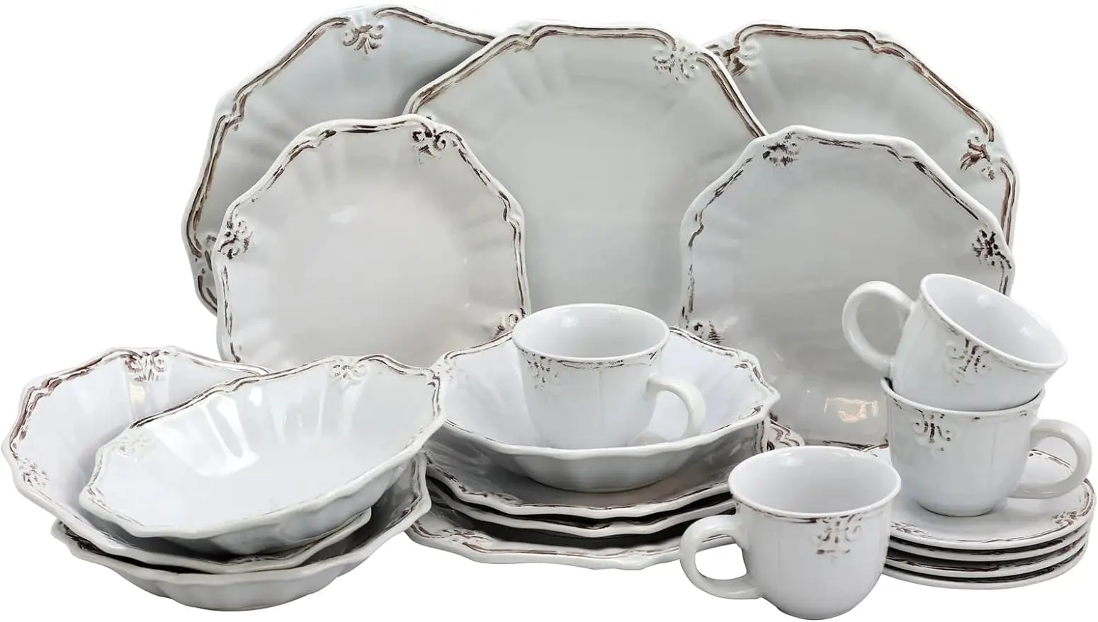 

Scalloped Round Stoneware Elegant Dinnerware Dish Set, 20 Piece, White