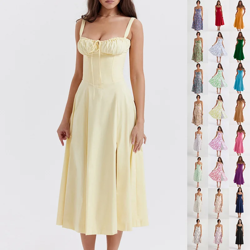 

Floral Print Slash Neck Summer Dresses for Women 2023 Long Strapless Elegant Splice Sheath Casual Loose Floor Length Dresses
