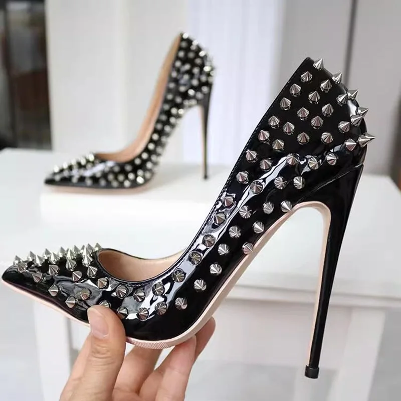 

Full Spikes Rivets High Heel Pumps Black Patent Leather Pointed Toe Shallow Formal Office Lady Shoes 12CM Stiletto Heels Shoes