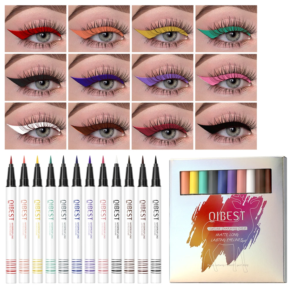 

QIBEST 12 Colors/Box Liquid Eye Liner Waterproof White Eyeliner Pencil Makeup Set Cosmetics Long-Lasting Make Up Colored Liner