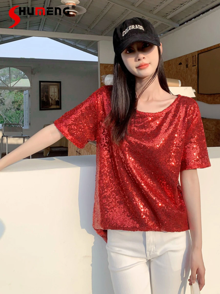 

Sequined Short-Sleeved Solid Color T-shirt Female 2024 Summer Fashion T-shirts Loose Comfort Slimming Chic Trendy Feminine Tops