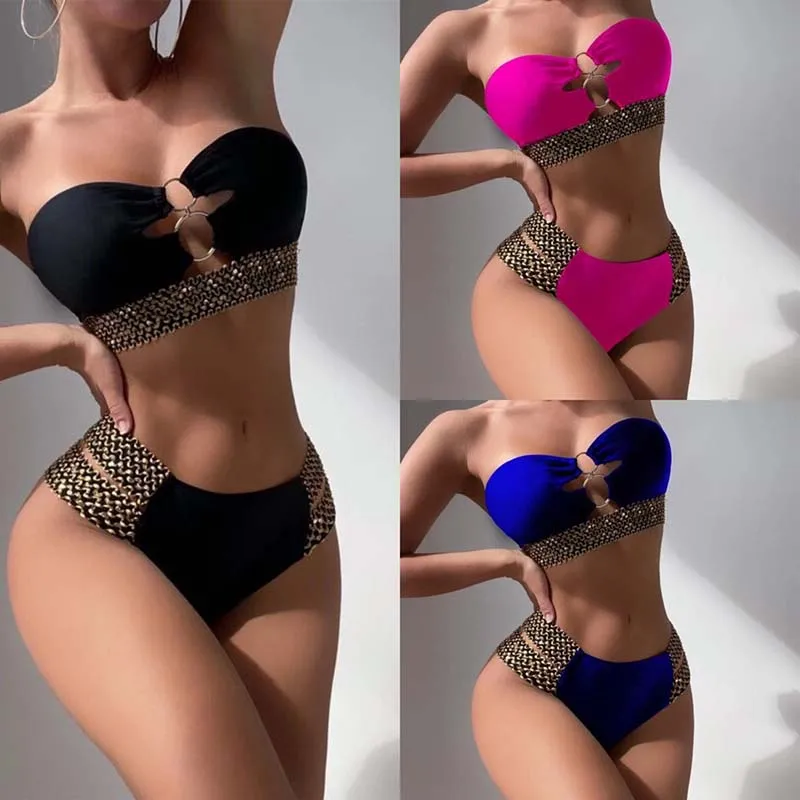 

2023 Strapless Sexy Bikini Bandeau Swimwear Women Swimsuit Female Flash Belt Bikini Set Two Pieces Bathing Suit Beachwear Bather