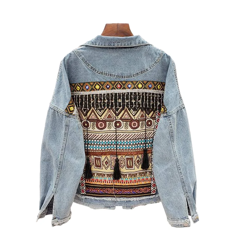 

Korean Vintage Blue Embroidery Tassels Denim Jacket Women Long Sleeve Cowboy Outwear Loose Short Hem Frayed Jeans Jacket Female