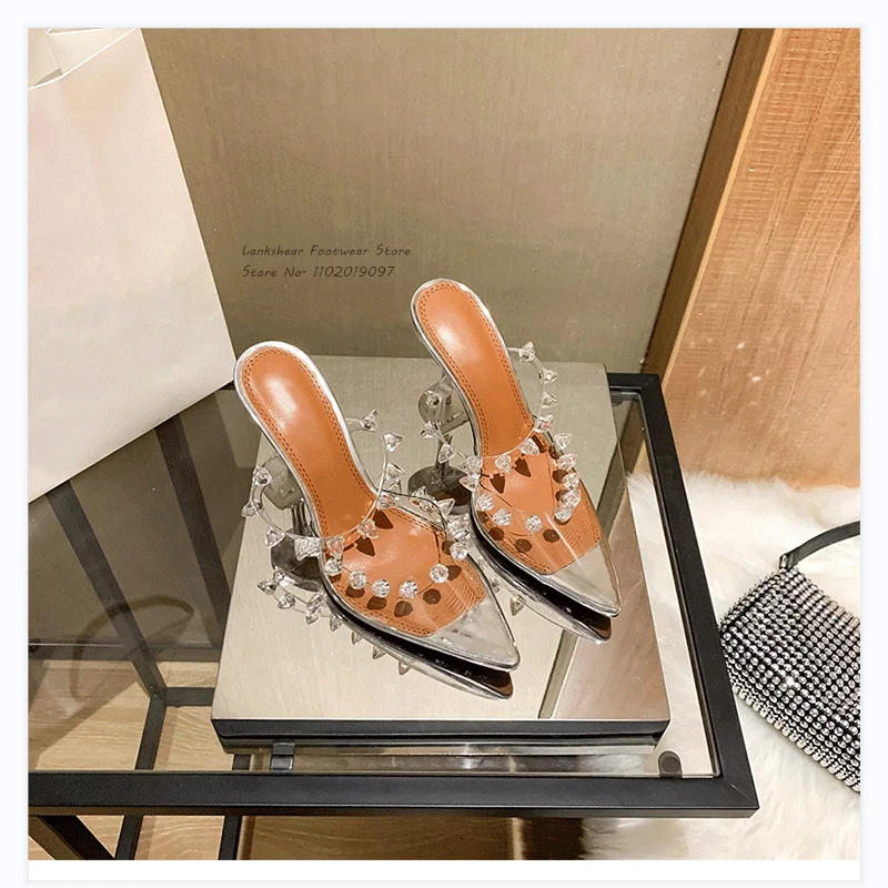 

Women PVC Crystal Rivets Embellished Pointed Toe Sandals Transparent Panel Detail and High Sculpted Heel Mules in Stock Sale 50%