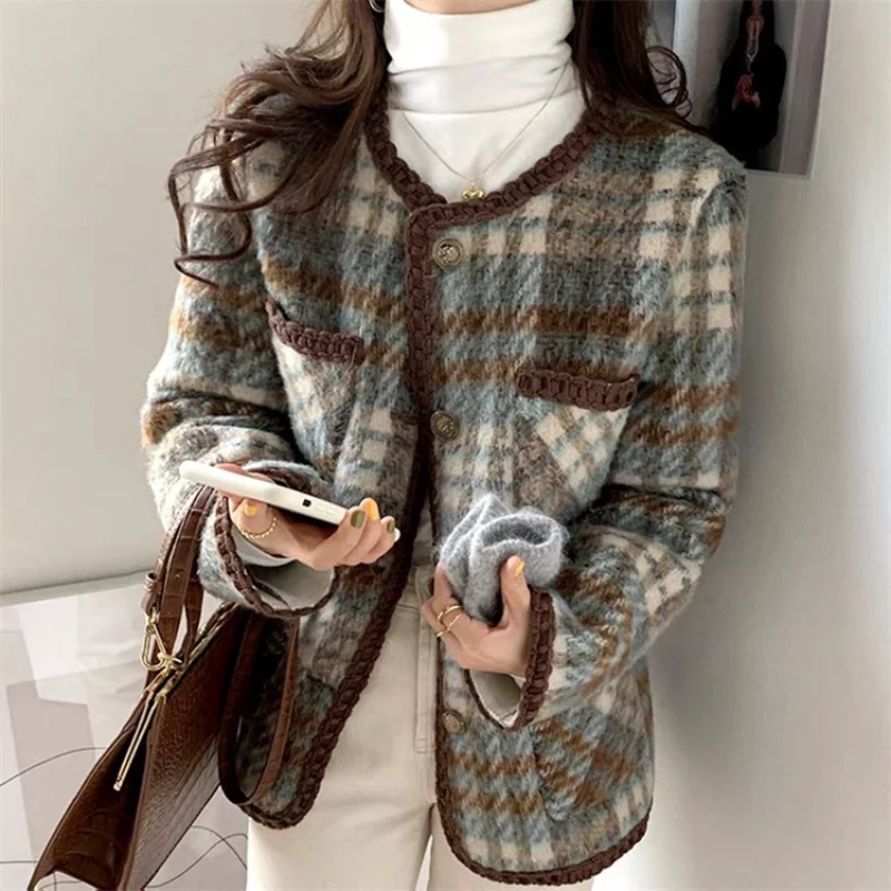 

Women Wool-blended Small Fragrant Thickened Coat Vintage Korean Plaid Casual Loose Warm Fashion Chic Tweed Female Jacket Winter