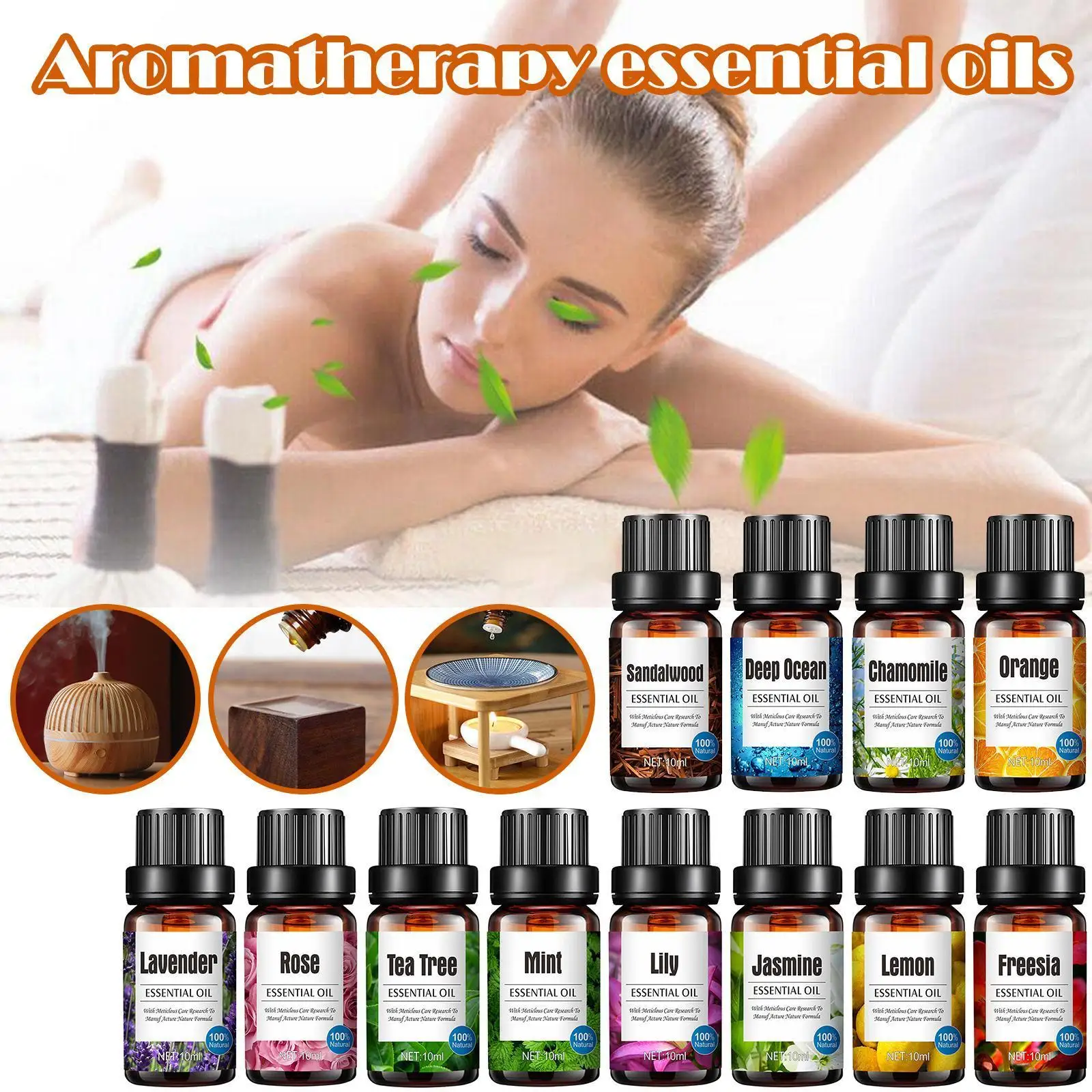 

10ml Pure Plant Essential Oil For Humidifier Diffusers Lavender Mint TeaTree Rose Jasmine Sandalwood Lily Freesia Lemon Pur G6Z2