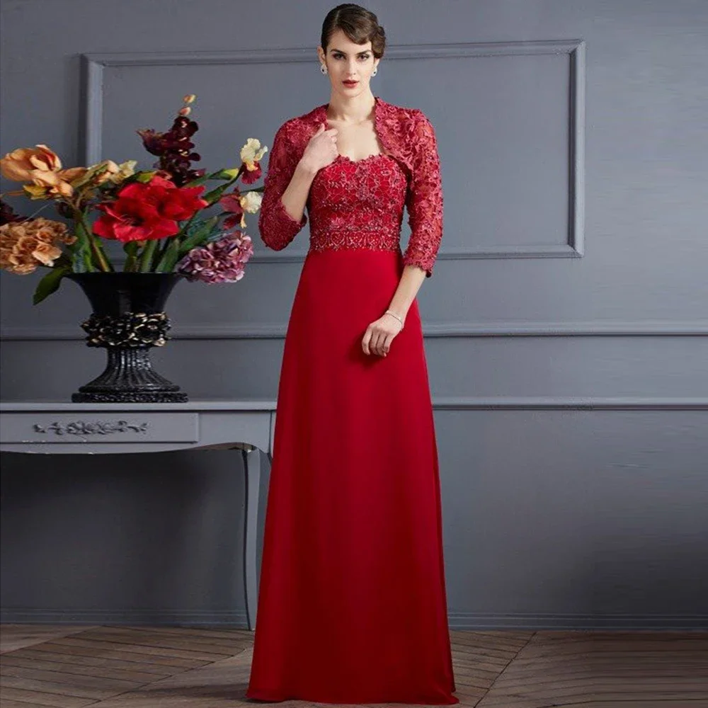 

Red Mother Of The Bride Dresses With Jacket A-Line Long Prom Gown Sexy Beading Lace Appliques Sequin Evening Dress Vestidos