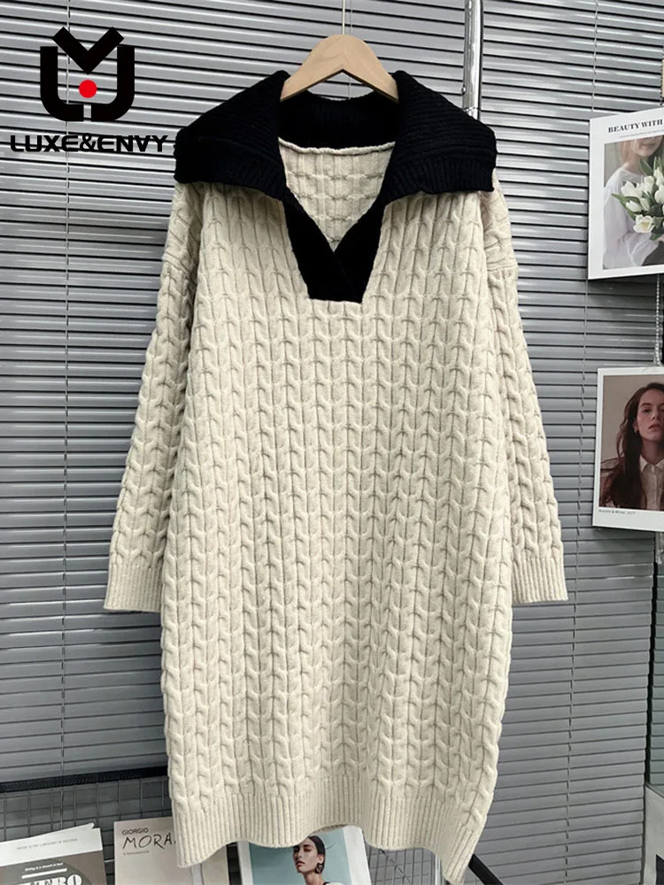 LUXE&ENVY Color Contrast V-neck Fried Dough Twists Wool Dress Women Autumn Winter
LUXE&ENVY Color Contrast V-neck Fried Dough Twists Wool Dress Women Autumn Winter