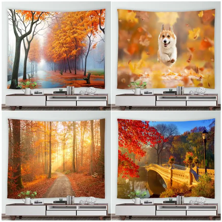 

psychedelic forest nature rural tapestry home landscape wall art mural blanket yellow red maple autumn tapestry