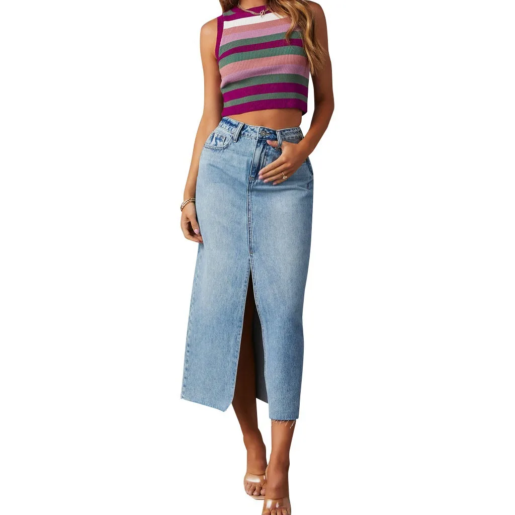 

Denim long skirt new split half skirt, women's high waisted washed European and American style A-line skirt, medium length