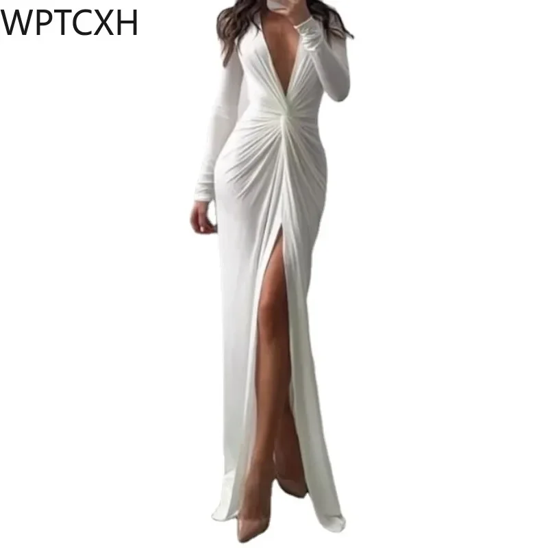 

Women Elegant Pretty Dresses 2024Spring New Fashion Sexy Solid VNeck High Slit Long Sleeve Twisted Design Slim Pleated Dress Y2K