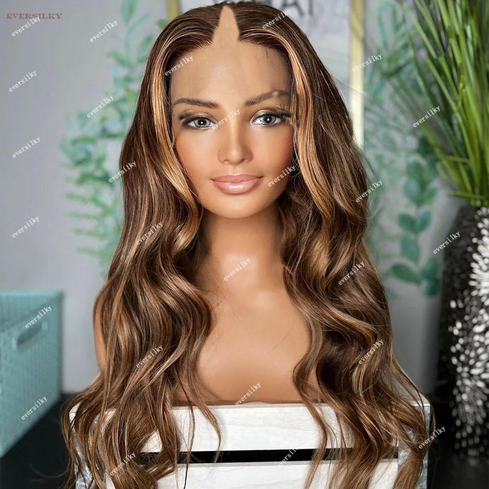 

Highlight Honey Blonde Loose Wavy V Part Wig 100% Human Hair Wig Ombre Chocolate Brown Glueless Body Wave Cheap Full U Shape End