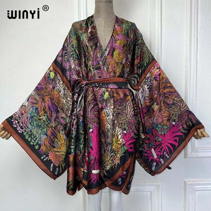 

Платье-кимоно WINYI женское с Африканским принтом, пляжная одежда, праздничный Кардиган с длинным рукавом, Шелковый Пляжный наряд для женщин, лето
