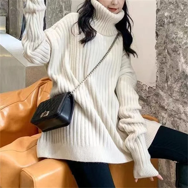 

DAYIFUN Autumn Winter New Turtleneck Knitted Pullovers Fashion Versatile Loose Mid Length Sweater Lady Solid Long Sleeve Jumpers