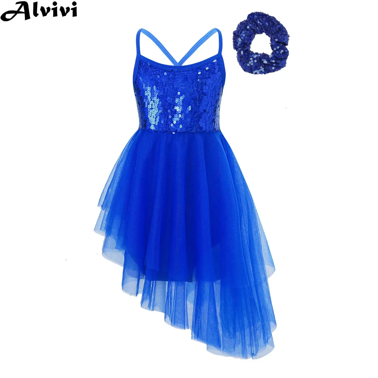 

Children Girls Ballet Tutu Lyrical Dance Skating Gymnastics Dancewear Sleeveless Sequin Tulle Mesh Leotard Dress with Hair Band