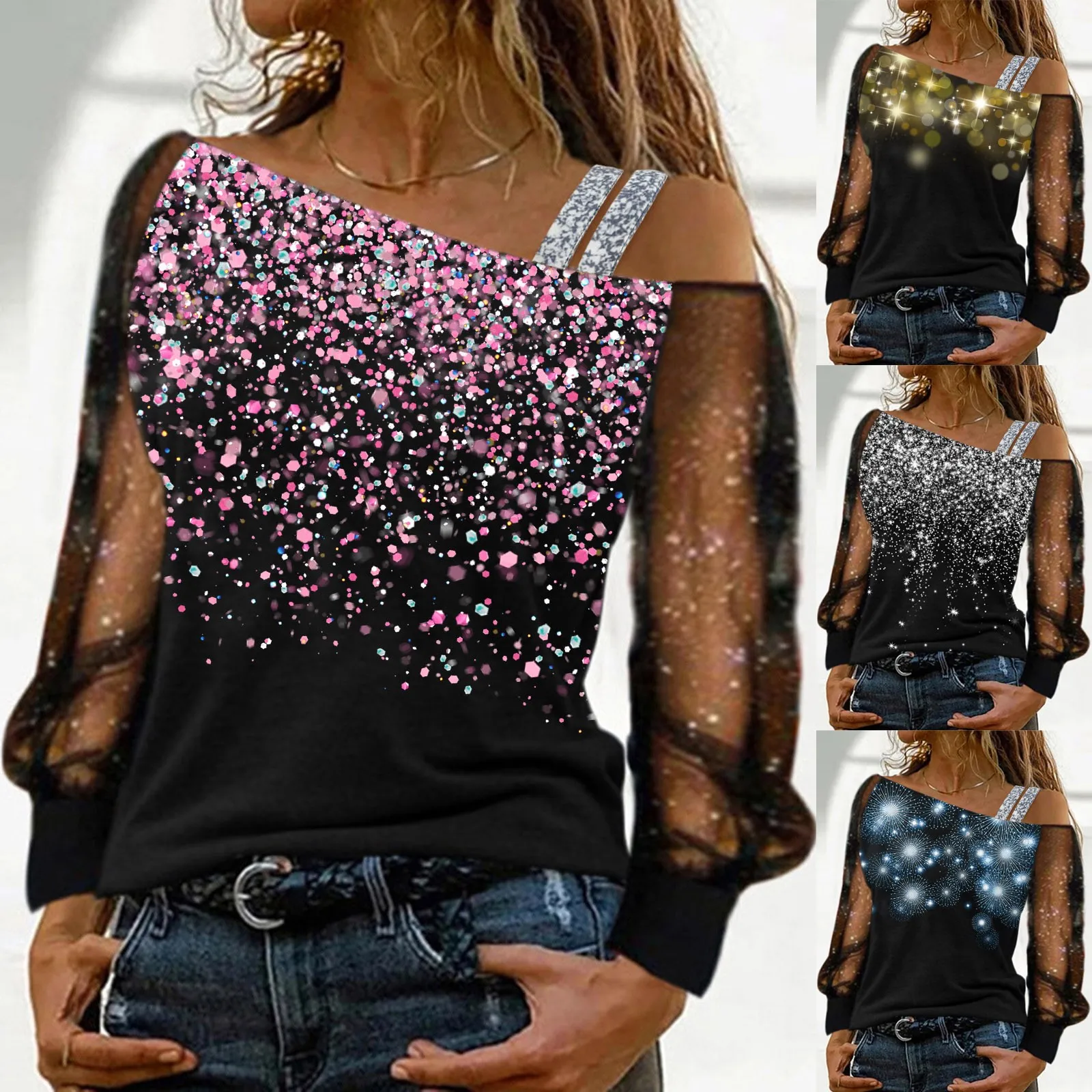 Women Casual Top Blouse Sequin Graphic Mesh Long Sleeve Cold Shoulder Shirts Loose Splice Vetements Femme Ropa De Mujer Juvenil
Women Casual Top Blouse Sequin Graphic Mesh Long Sleeve Cold Shoulder Shirts Loose Splice Vetements Femme Ropa De Mujer Juvenil