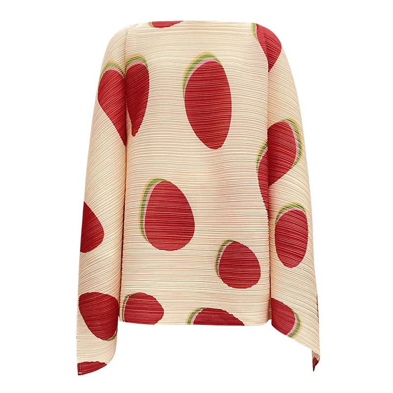 

High quality Japanese niche designer luxury lady line neck bat sleeve print wrinkle bean line long-sleeved tops