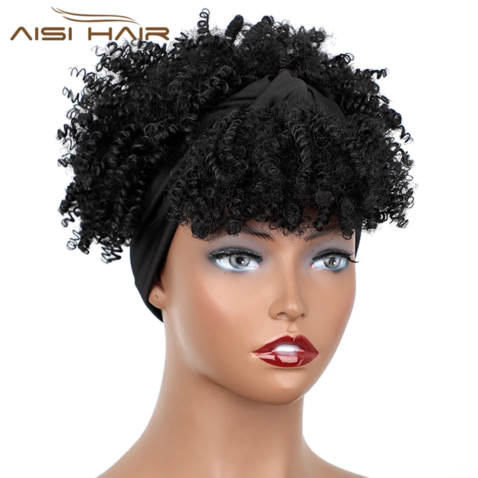 

AISI HAIR Synthetic Kinky Curly Chignon with Bangs Short Drawstring Ponytail for Women Afro Bun Hair Clip on Front Hairpieces