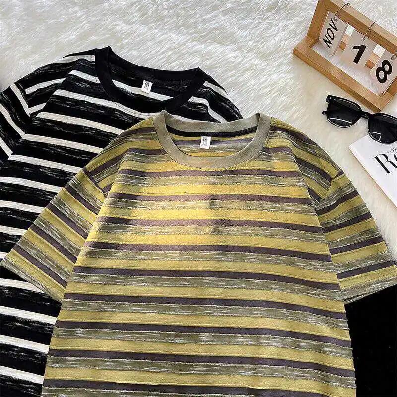 

Trendy Striped T Shirt Summer Big Size Men Fashion Splicing Tshirts Casual Seven Sleeve T-shirt Man Contrast Color Tee Tops Q93